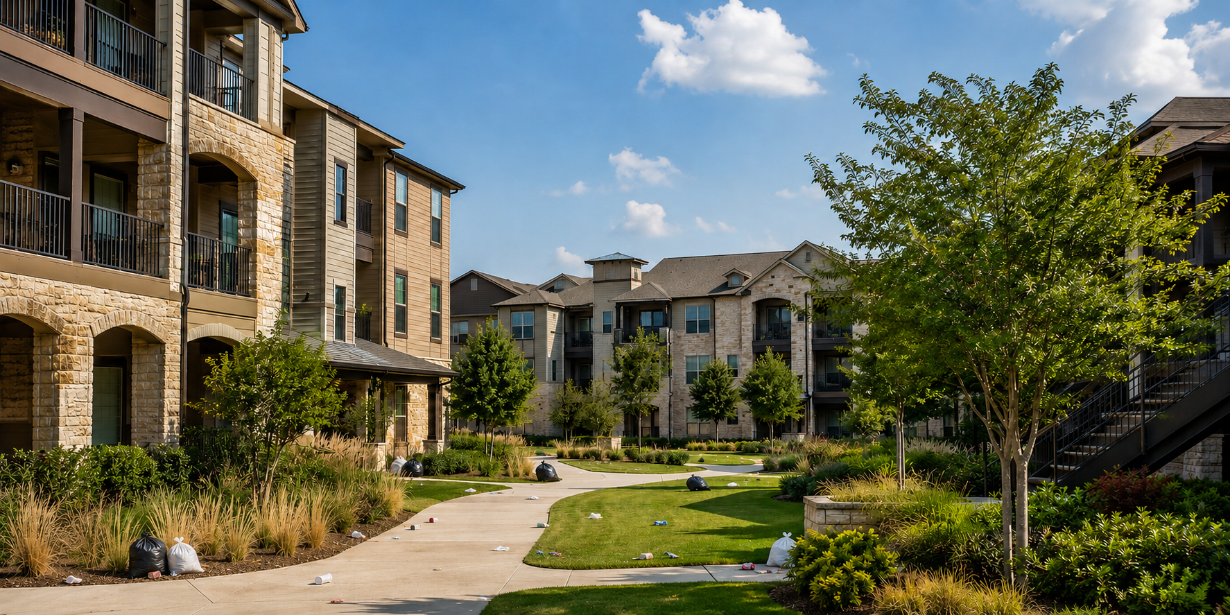 Apartment community before CENAH service with trash along the walkways